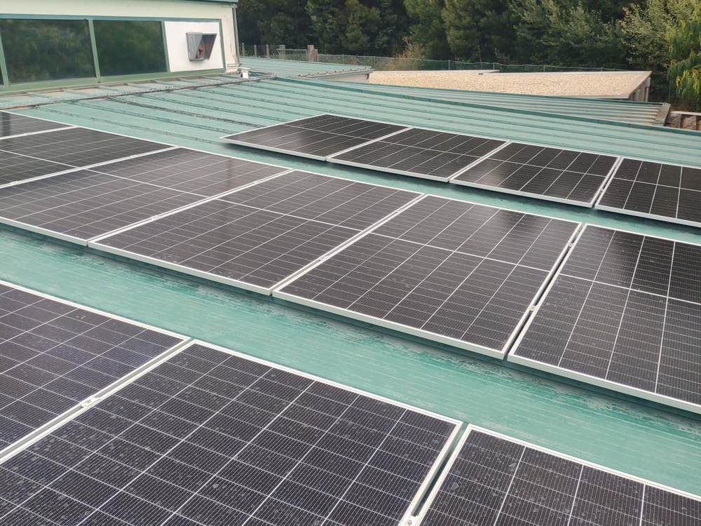 Filas de módulos fotovoltaicos sobre una cubierta metálica verde