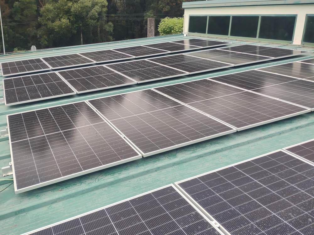 Módulos fotovoltaicos sobre cubierta metálica rodeada de arbolado